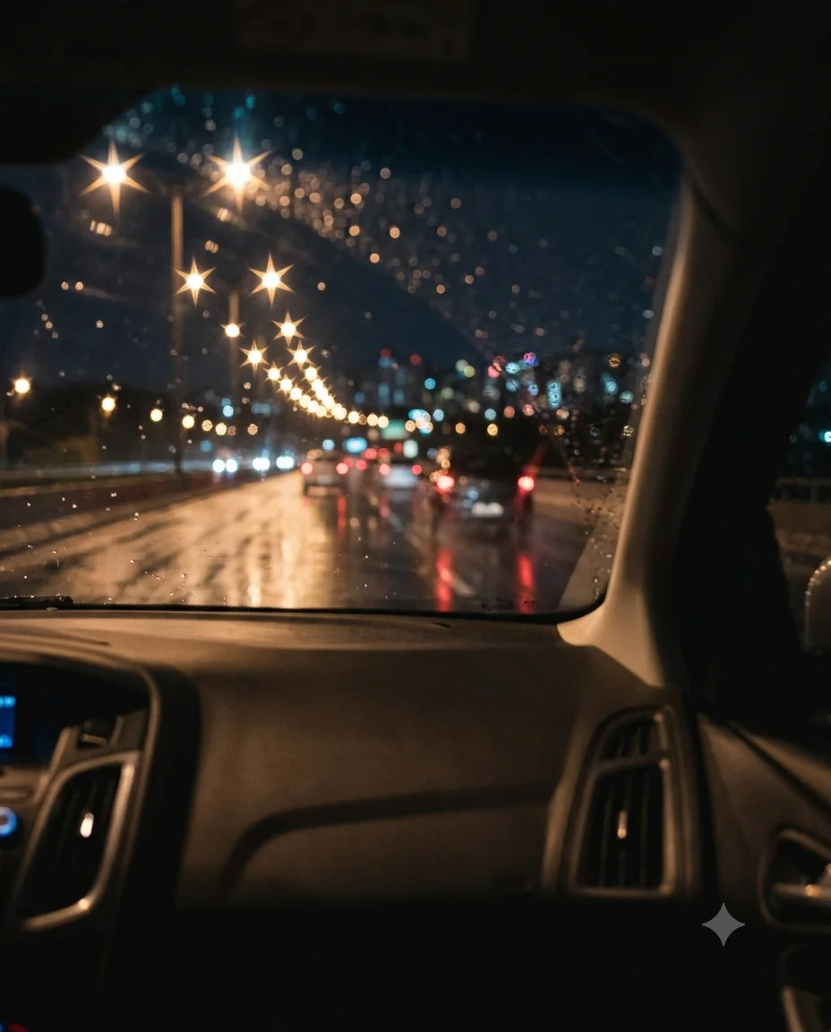 Luzes da rua desfocadas em formato de estrela, vistas de dentro de um carro à noite