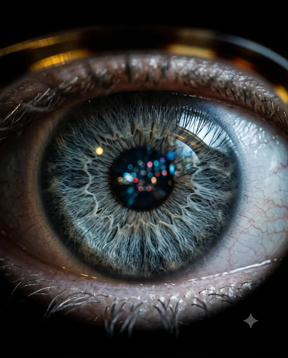 Close de um olho humano com reflexo de luz, em ambiente escuro