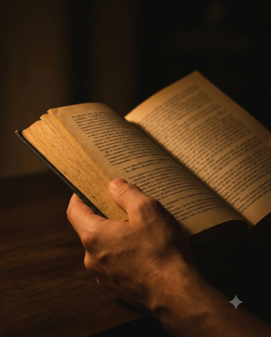 Mão segurando um livro aberto, ambiente com pouca luz